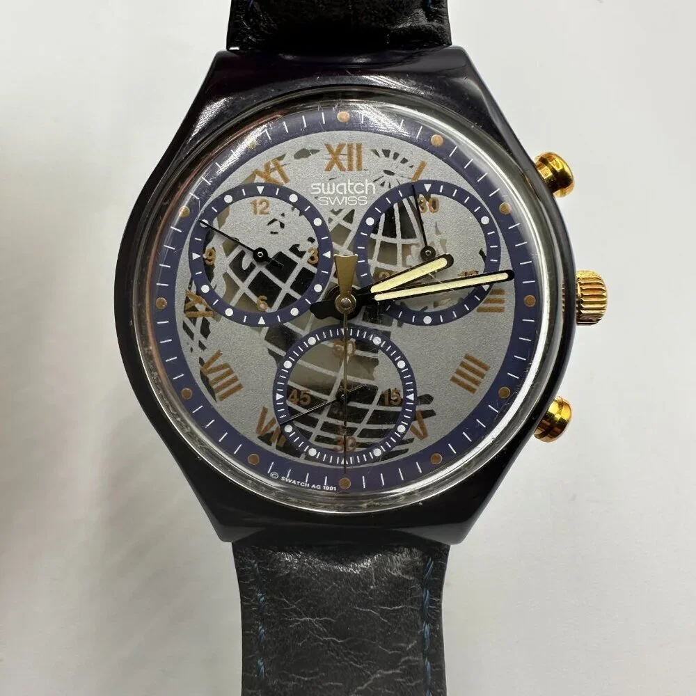 Swatch Timeless Zone Chronograph Watch Men Black 37MM Dial SCN104 New Battery